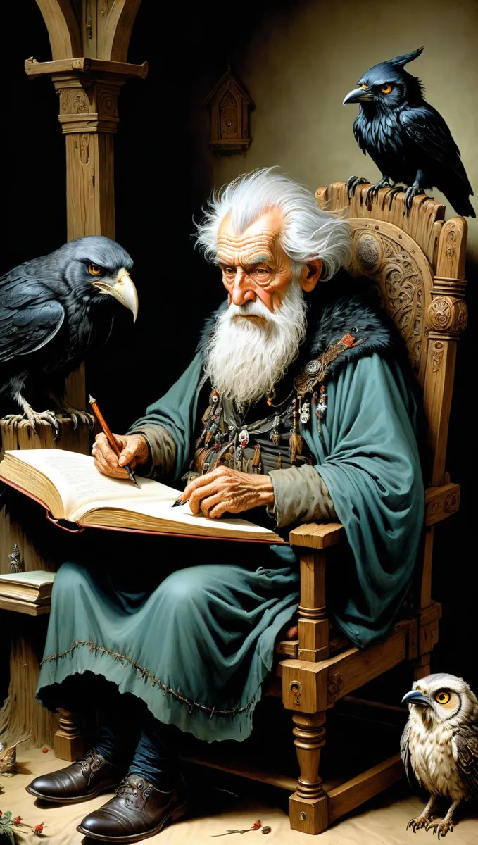 An AI generated image using Stable Diffusion depicting an elderly wizard scribe writing in a large book while surrounded by ravens.