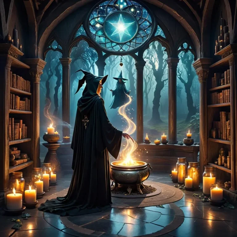 A wizard in a dark robe with a pointed hat stands in a gothic-like room with arched windows looking out to an enchanted forest, casting a spell into a glowing cauldron surrounded by flickering candles. This is an AI generated image using Stable Diffusion.