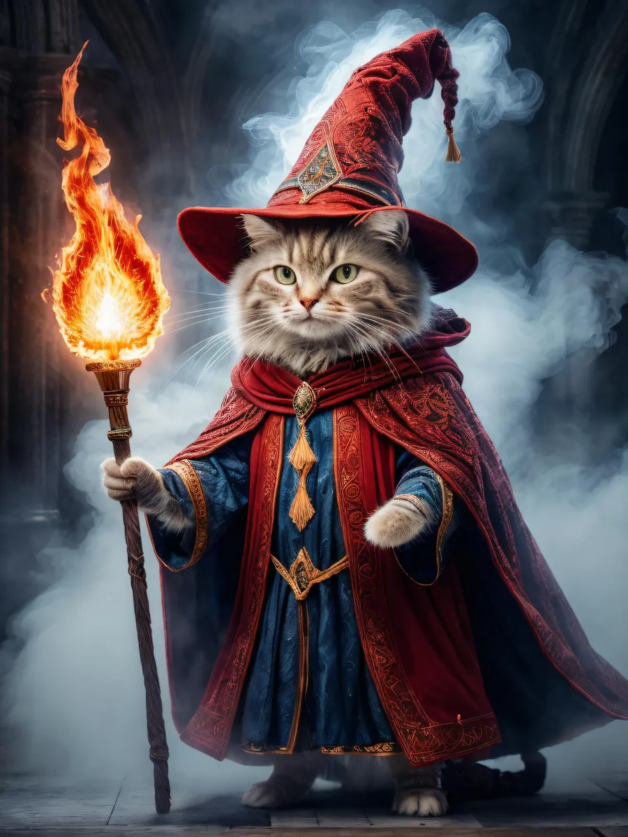 AI generated image of a cat dressed as a wizard, wearing an ornate robe and hat, holding a staff with a flaming torch using stable diffusion.