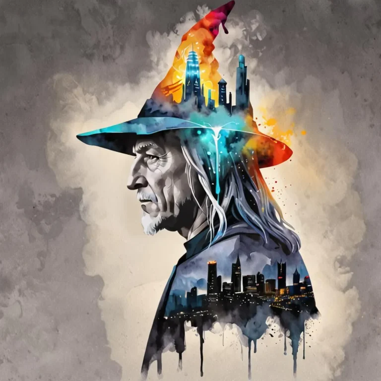 Aged wizard profile with a colorful cityscape emerging from his hat, created with AI using stable diffusion.