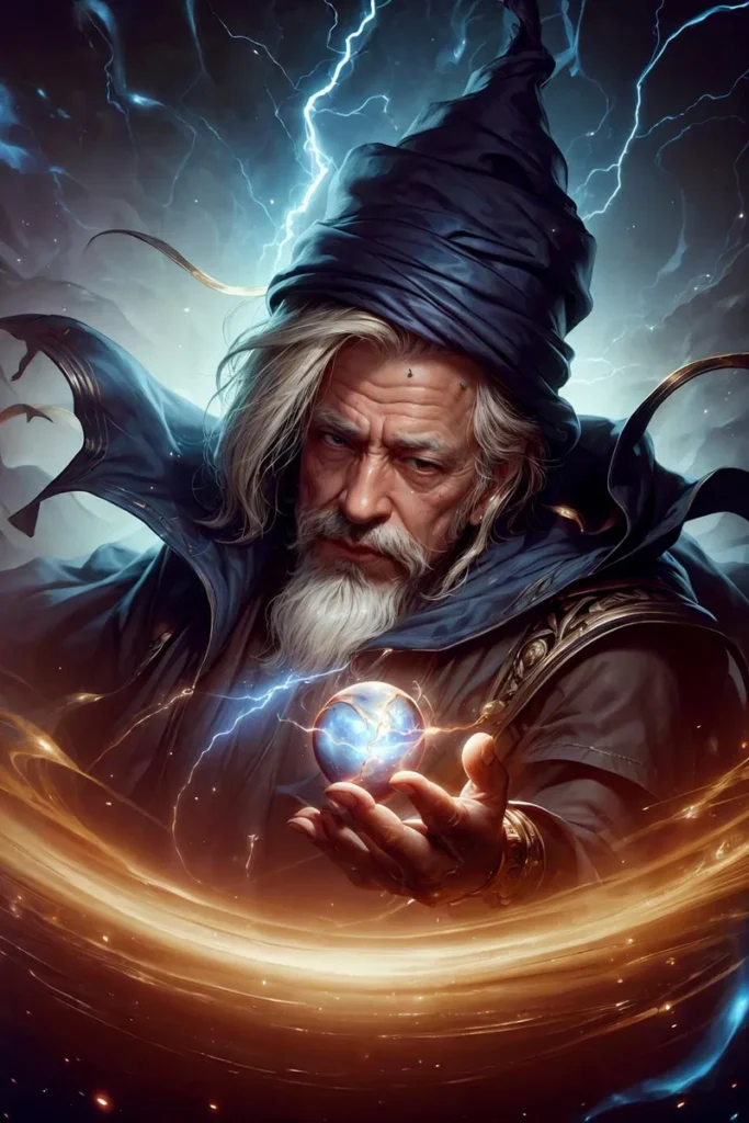 An AI generated image using Stable Diffusion depicting an elderly wizard with a long white beard and a dark, pointed hat conjuring a glowing orb of magic with lightning streaks in the background.