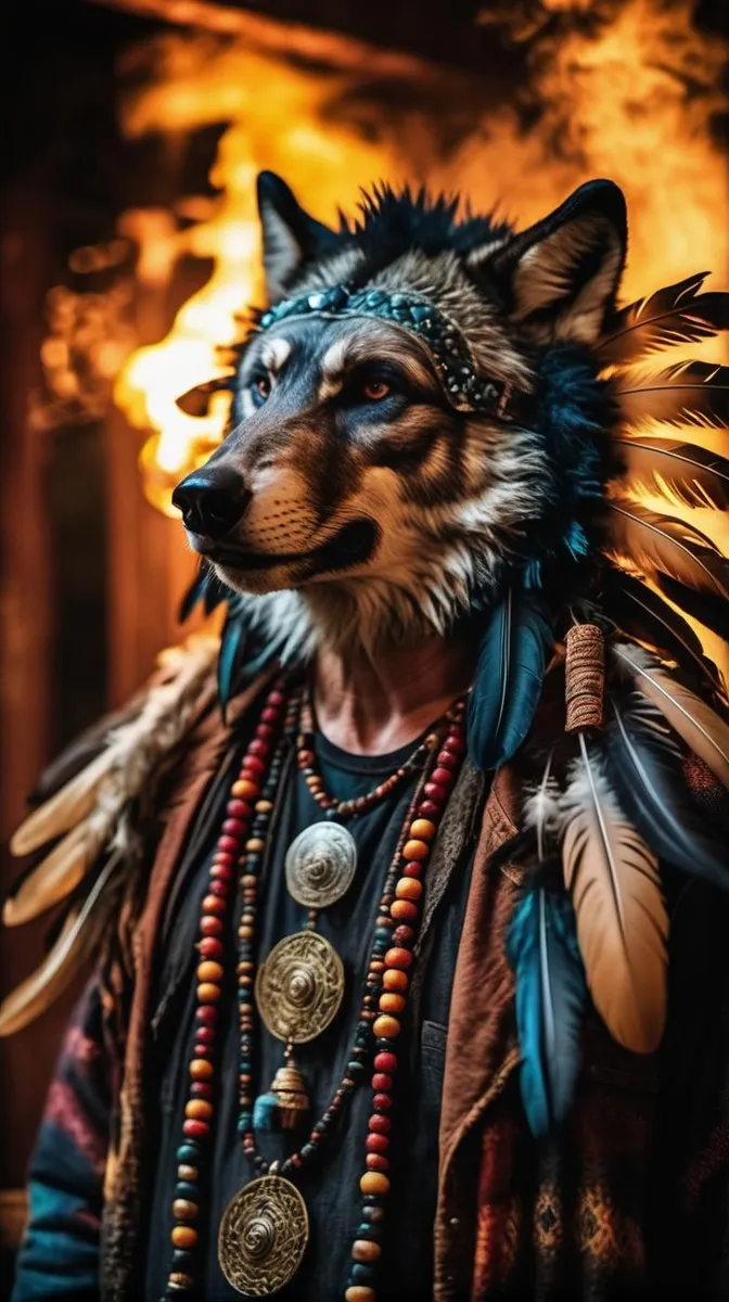 A person wearing a wolf costume and tribal attire, created using AI and Stable Diffusion.