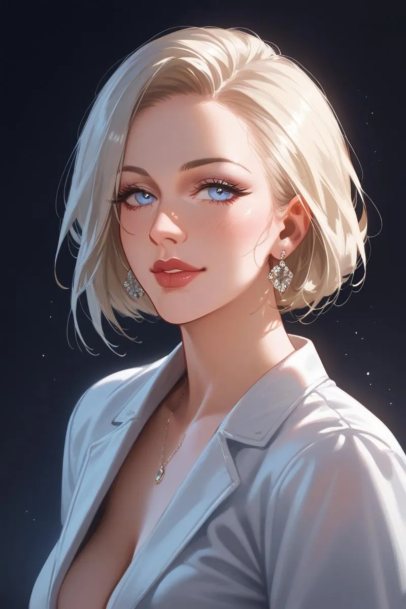 Portrait of a woman with short blonde hair and blue eyes in anime style, generated by AI using Stable Diffusion.