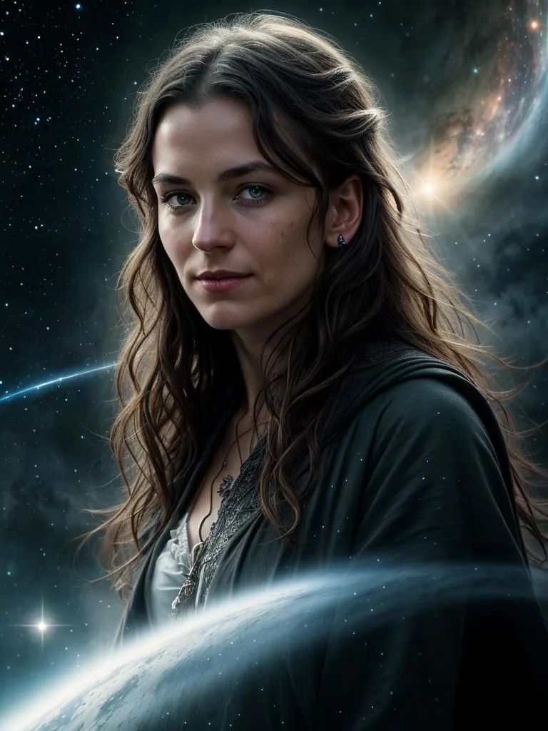 Woman astronaut with wavy hair, wearing futuristic attire, gazing with a serene expression against a backdrop of stars and distant planets, AI generated image using Stable Diffusion.
