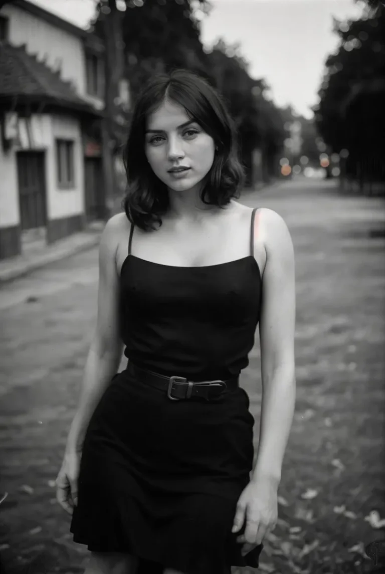A black and white AI-generated image of a woman in a black dress standing on an urban street. Generated using Stable Diffusion.
