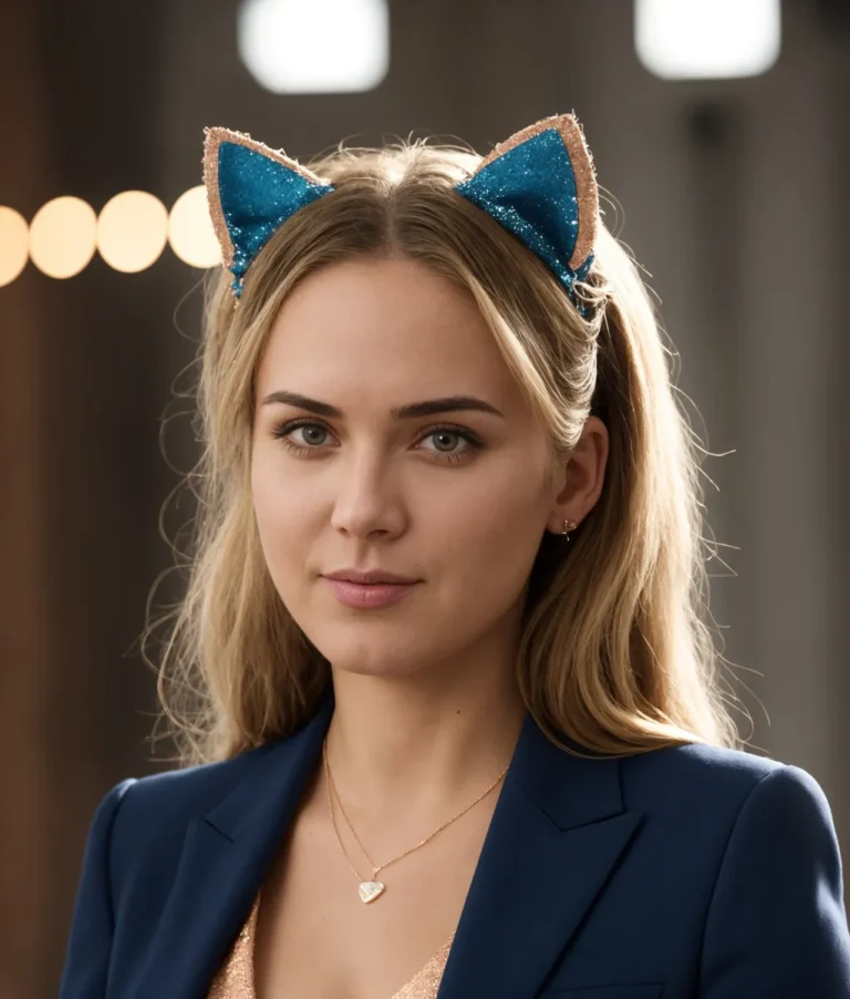 Blonde woman with long hair wearing a blue cat ears headband and a blue blazer, with a soft-focus background.