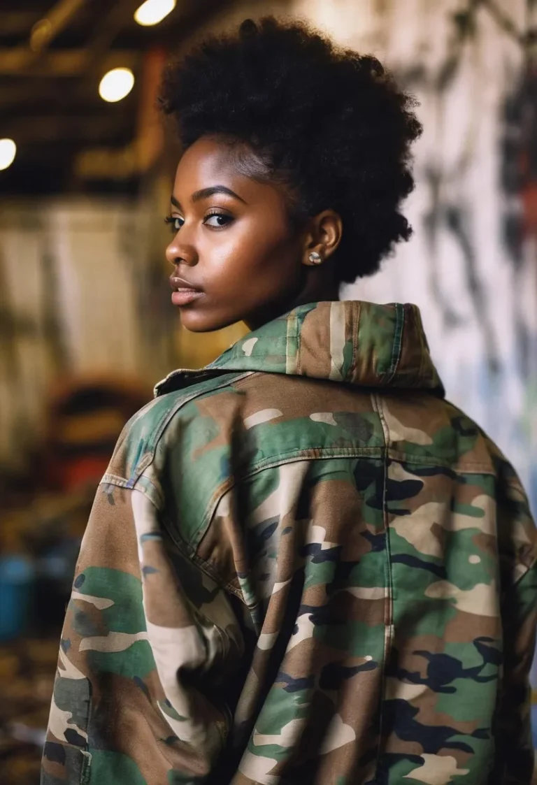 A beautiful woman with short curly hair wearing a camo jacket looks over her shoulder in an urban setting. This image is created using Stable Diffusion and AI technology.