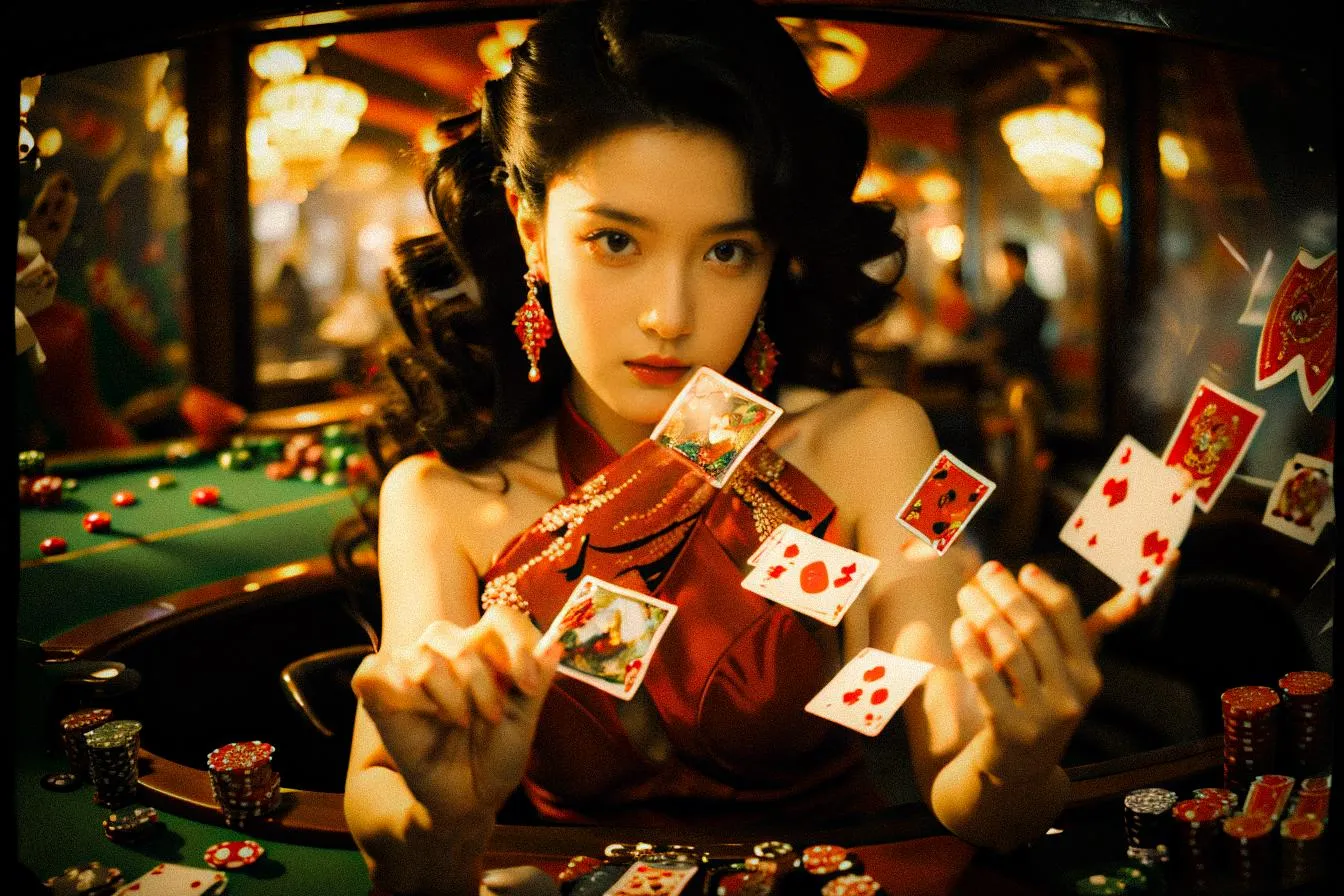 A woman in a red dress sitting in a casino, with playing cards floating around her, created using Stable Diffusion.