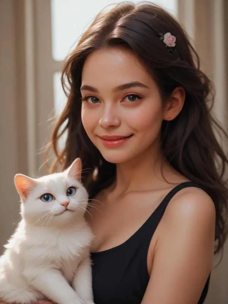 A beautiful woman with long dark hair smiles softly while holding a white cat with blue eyes in a well-lit room. This is an AI-generated image using Stable Diffusion.
