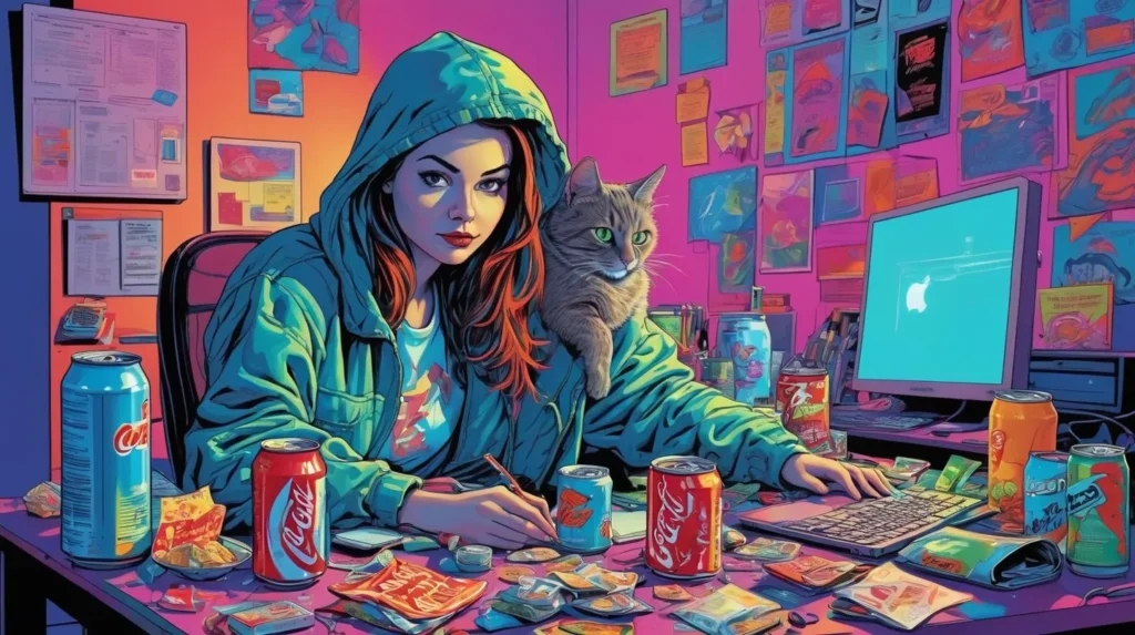 Woman in a hoodie with a cat on her shoulder sitting at a cluttered computer desk in a colorful room. AI generated image using Stable Diffusion.