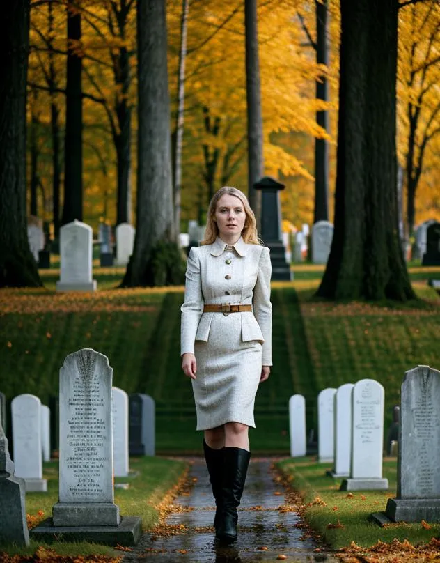 A woman dressed in a white coat and knee-high black boots walking through a cemetery with tombstones in the background and fall foliage.