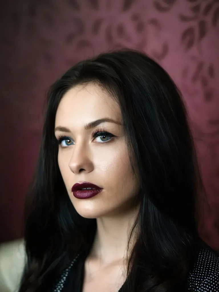 An AI-generated image using Stable Diffusion, portraying a beautiful woman with dark lipstick and a calm expression.