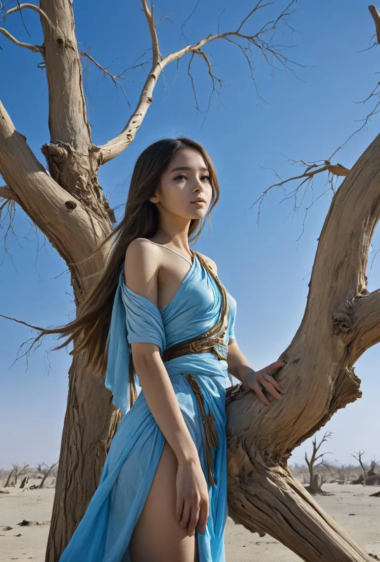 A beautiful woman in a detailed, light blue dress stands in a sparse desert landscape beside a bare, twisted tree. The image is AI generated using stable diffusion.