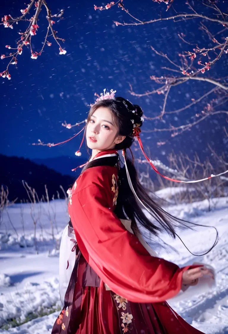 Elegant woman in traditional Hanfu dress standing in the snow with blooming branches framing the scene. AI generated image using Stable Diffusion.