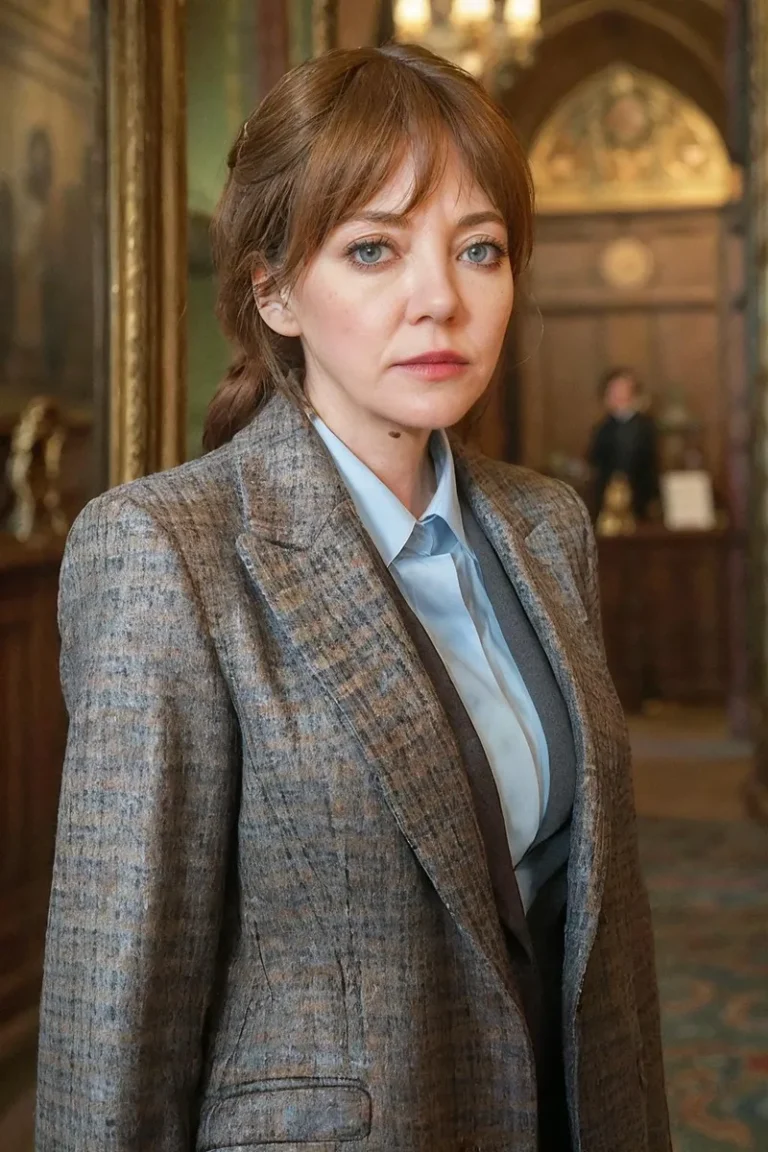 A professional woman in a plaid suit jacket, light blue shirt, and vest standing in a historical interior setting. AI generated image using Stable Diffusion.