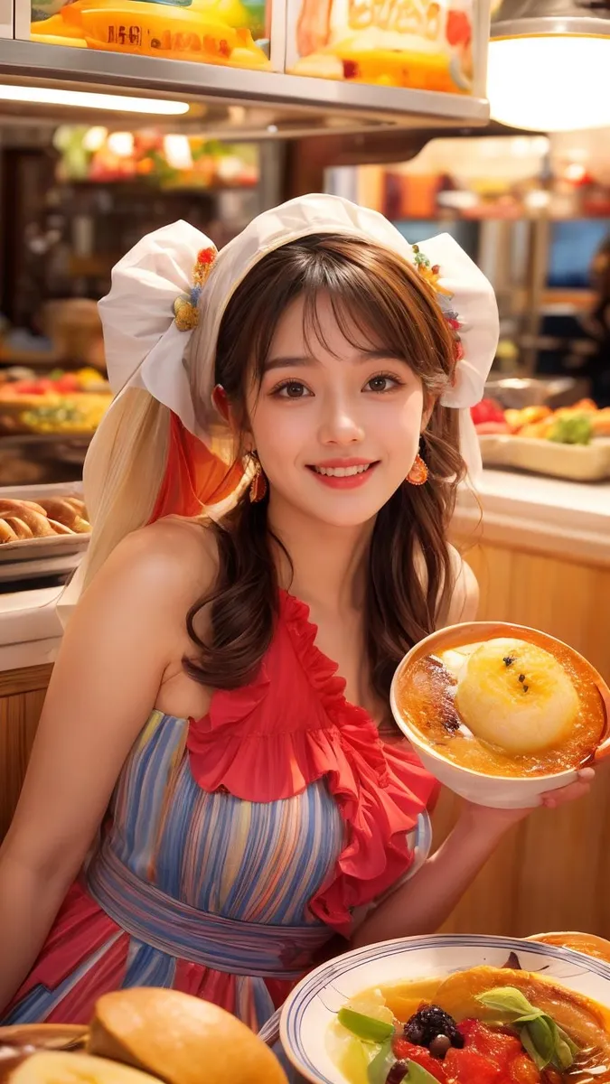 Smiling woman in traditional clothing holding a dessert plate at a vibrant food market, created with Stable Diffusion.