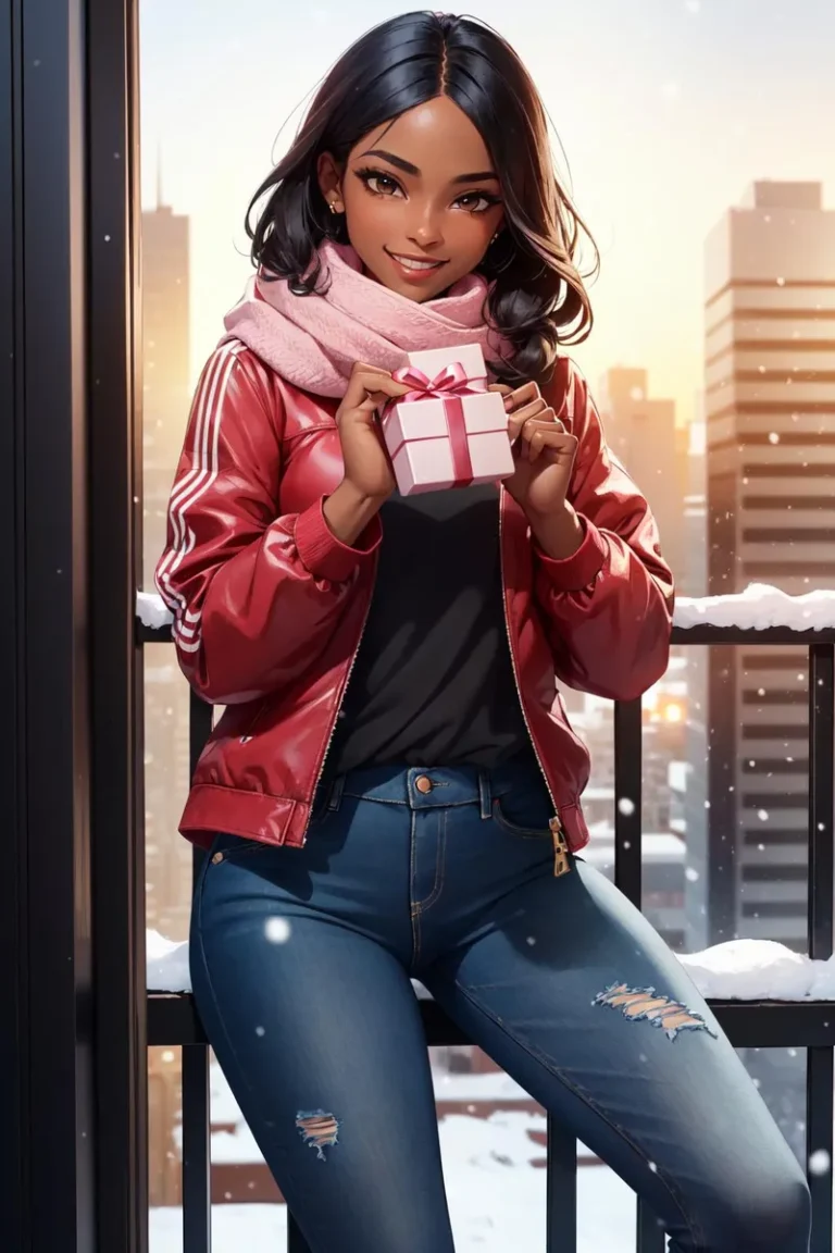 AI generated image using Stable Diffusion of a woman with dark hair wearing a red jacket and pink scarf, holding a wrapped gift, standing in front of a snowy cityscape.