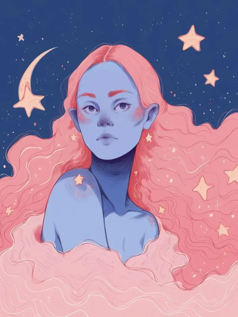 AI generated portrait of a woman with blue skin and long pink hair, set against a starry night sky, created using Stable Diffusion.