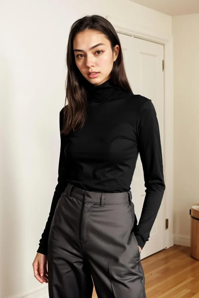 A woman with long dark hair wearing a black turtleneck sweater and grey trousers, standing indoors. Ai generated image using stable diffusion.