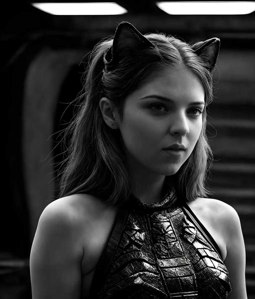 A black and white portrait of a young woman with long hair, wearing a sleeveless dark textured dress and cat ears headband. AI generated image using Stable Diffusion.