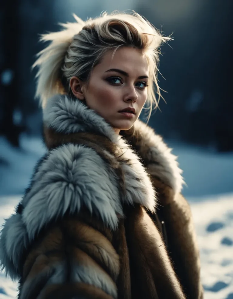 A stunning portrait of a woman with blonde hair styled in a casual updo, wearing a luxurious fur coat while standing in a snowy outdoor setting. AI generated image using stable diffusion.