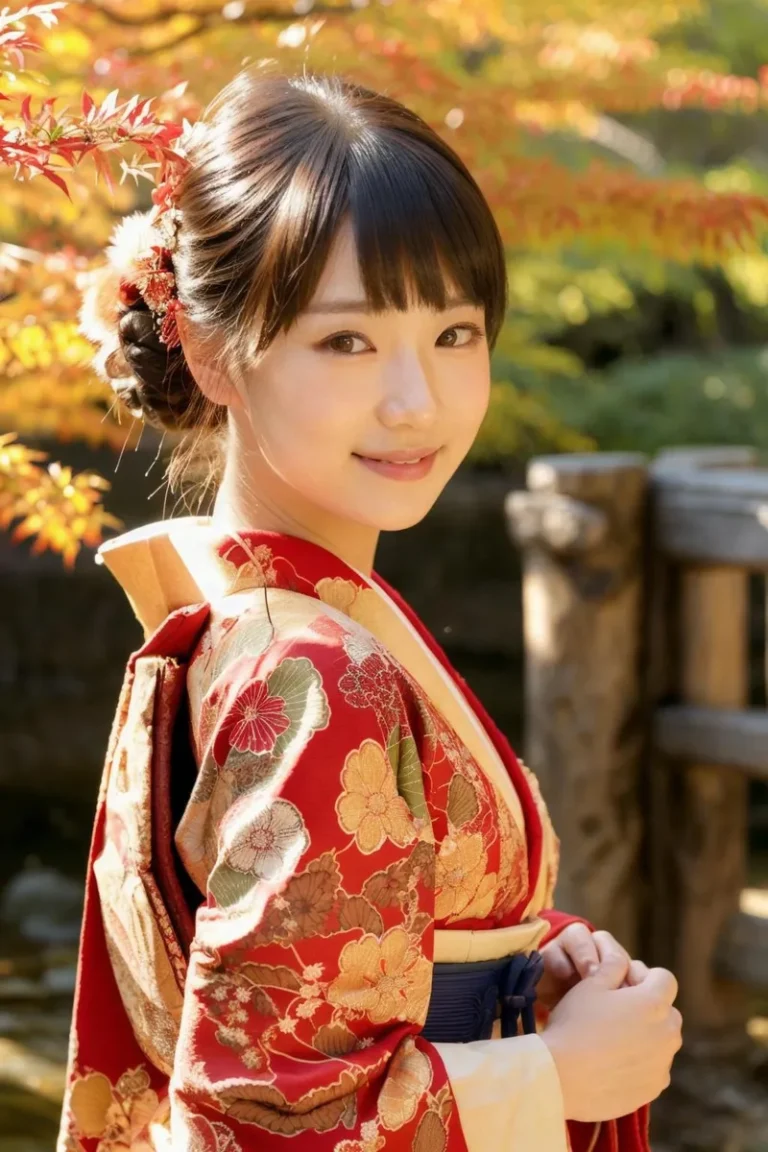 A woman wearing a floral patterned kimono standing outdoors amid autumn foliage. This is an AI-generated image using stable diffusion.