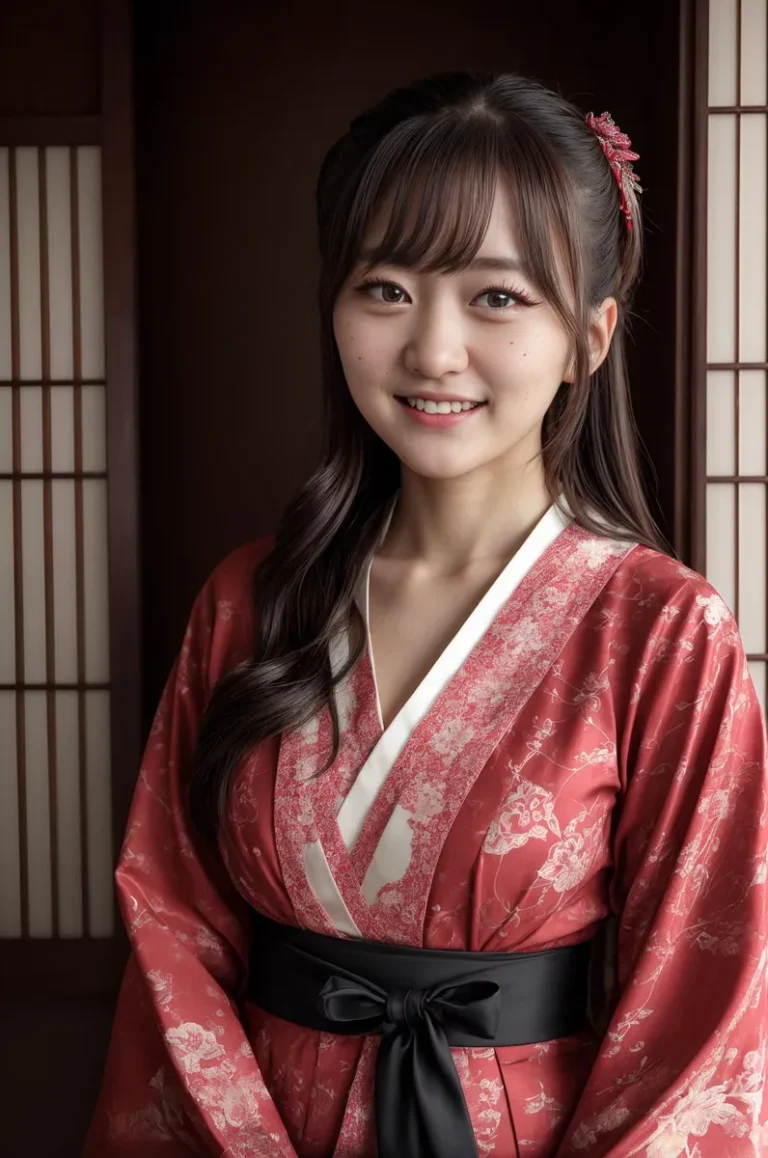 Portrait of a smiling woman wearing a traditional red kimono with floral patterns, black belt, and a red hair accessory, AI-generated using Stable Diffusion.