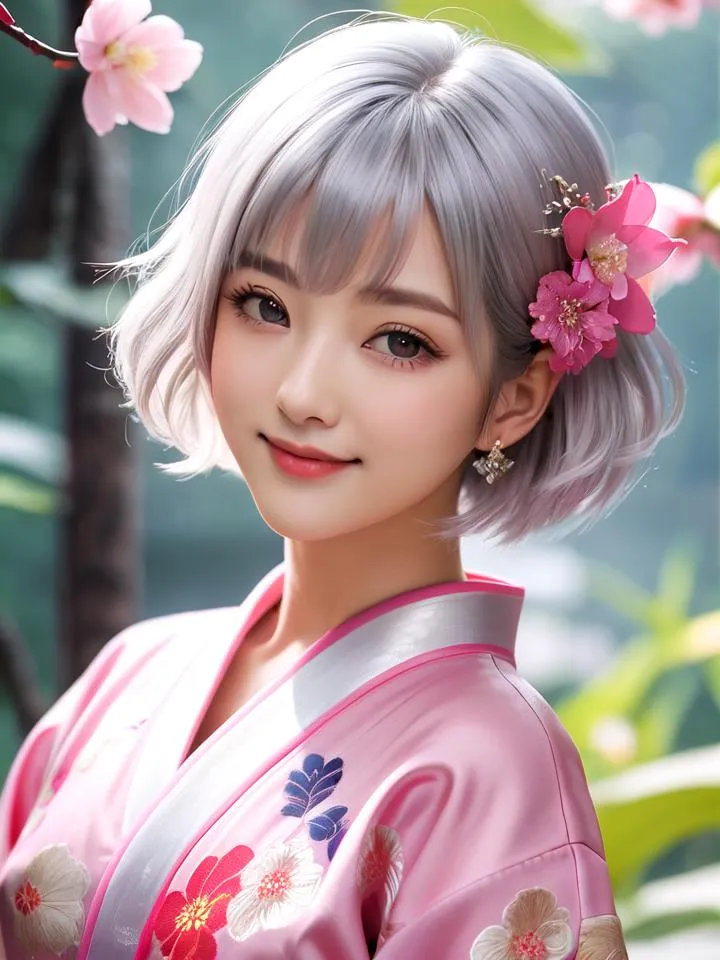 AI generated image using Stable Diffusion showing an Asian woman in a traditional pink kimono adorned with floral patterns, standing near cherry blossoms.