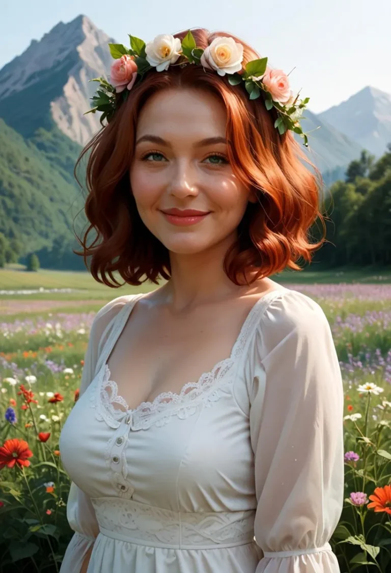 AI generated image of a woman with red hair wearing a flower crown and a white dress, standing in a blooming meadow with mountains in the background.