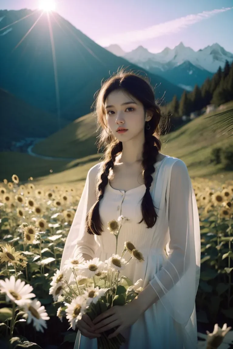 Young woman with braided hair, dressed in a white outfit, holding a bouquet of daisies, standing in a sunflower field with a picturesque mountain backdrop. AI generated image using stable diffusion.