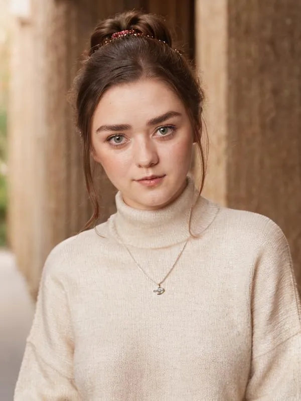 Close-up portrait of a woman with brown hair tied back, wearing a beige turtleneck sweater and a necklace, under natural light. AI generated image using stable diffusion.
