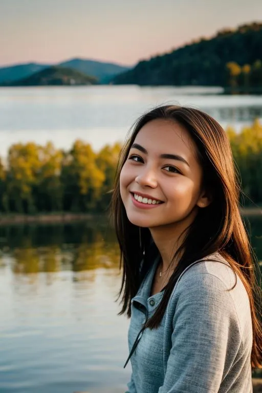 A woman with long, dark hair in a light grey top smiling beside a tranquil lake surrounded by trees and hills at sunset. AI generated image using Stable Diffusion.