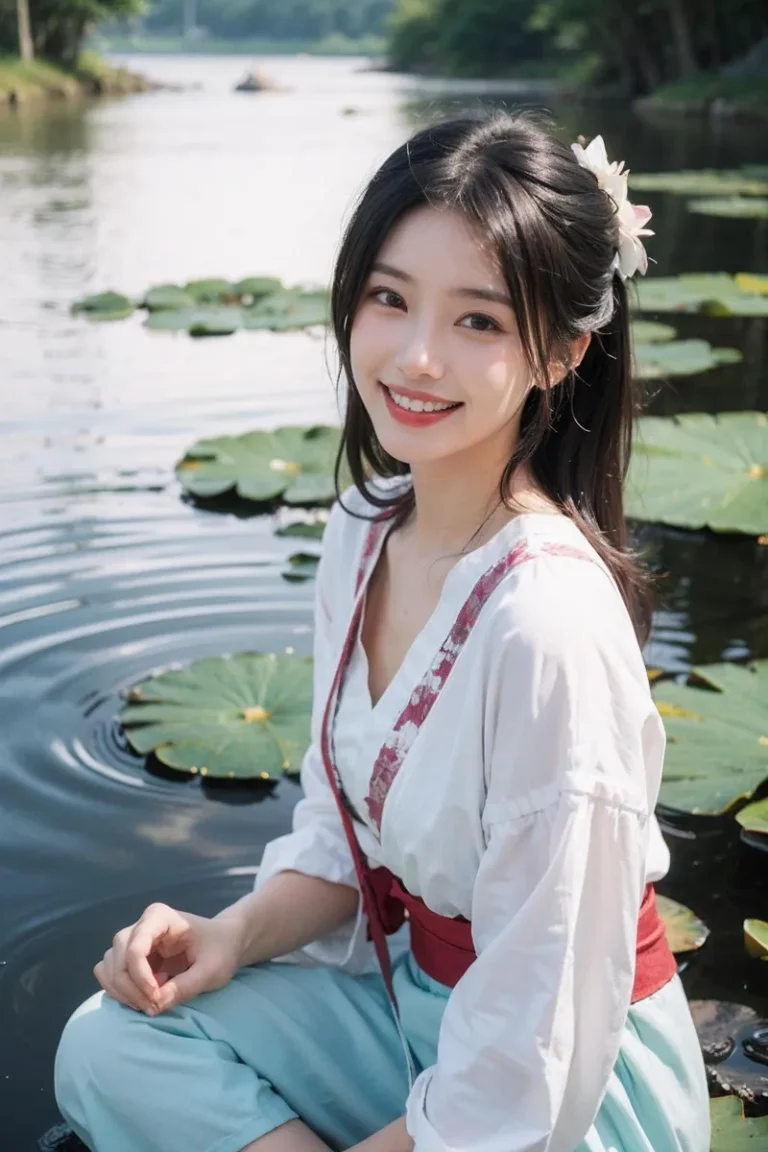 An AI generated image using Stable Diffusion featuring an Asian woman in traditional attire by a lotus pond.