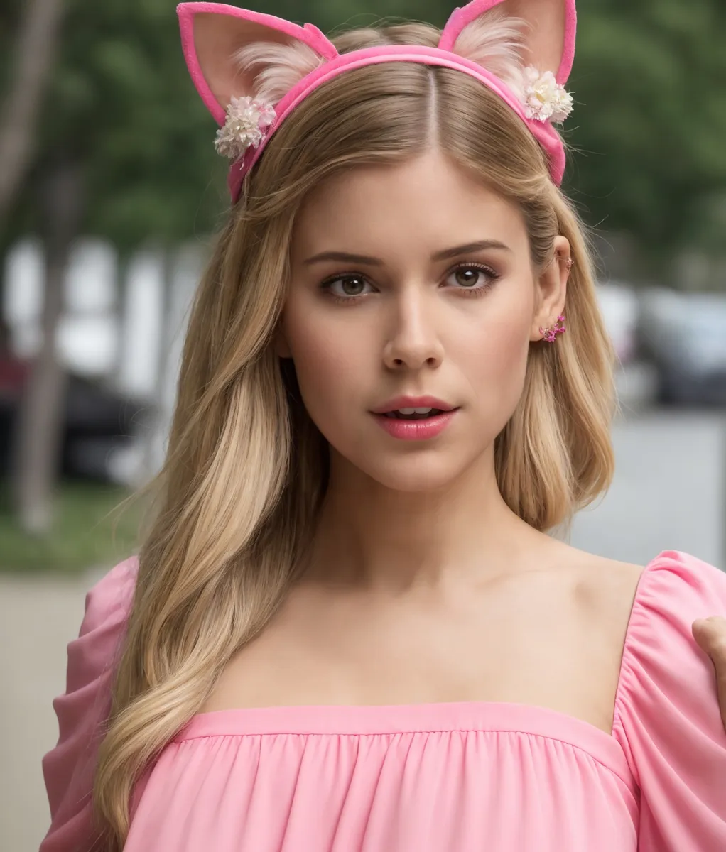 Blonde woman in a pink off-shoulder top, wearing a pink cat ear headband with floral decorations, generated by AI using Stable Diffusion.