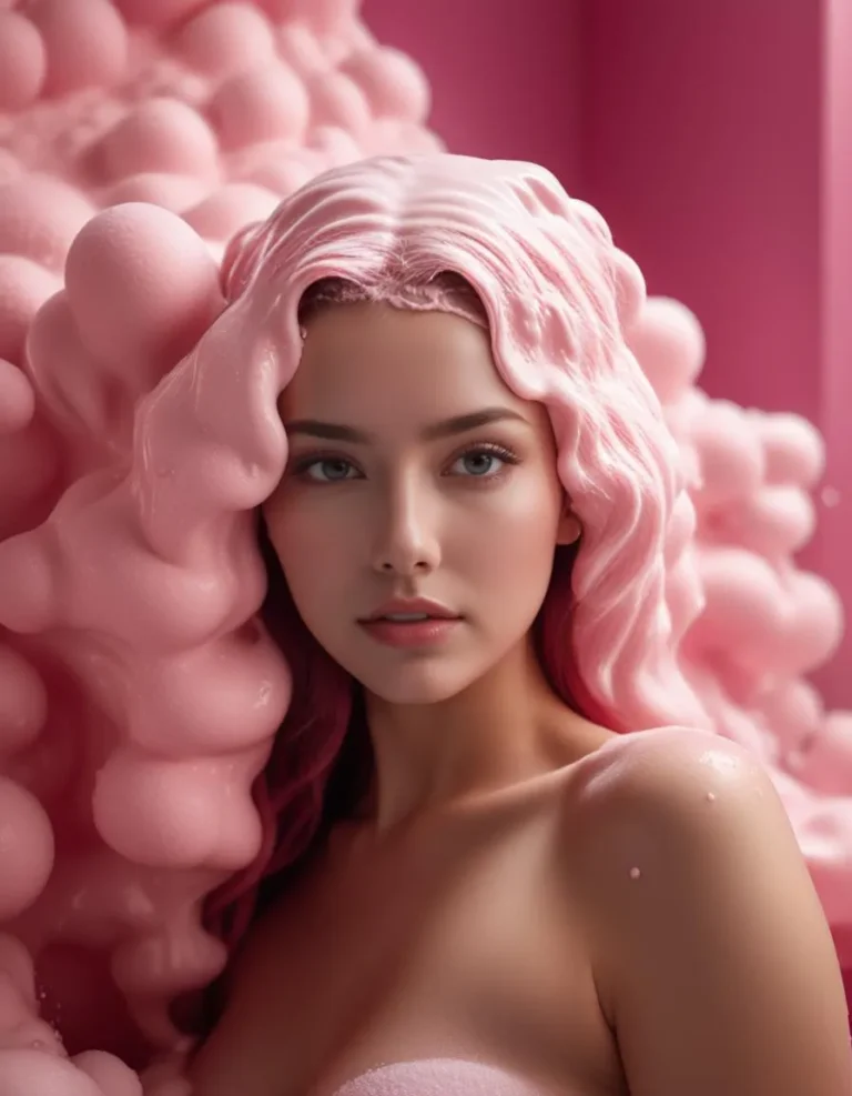 A detailed portrait of a woman with pink foam covering her hair, surrounded by a soft pink background. AI generated image using Stable Diffusion.