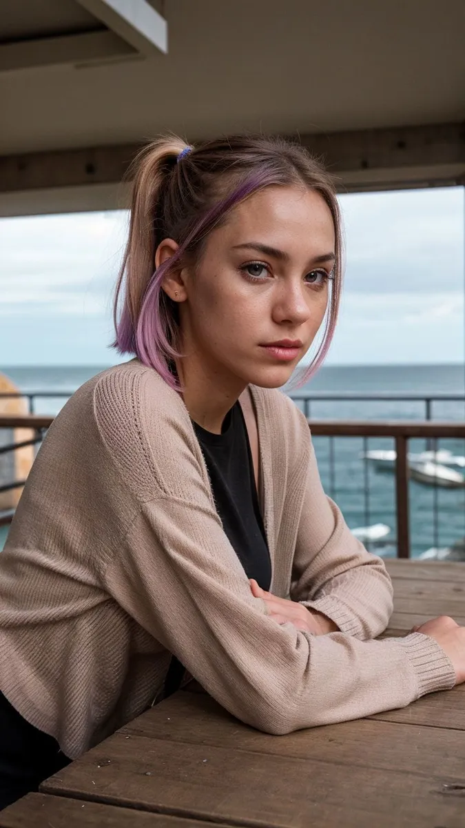 A woman with pink hair styled in pigtails sitting at an outdoor wooden table with a sea view in the background. AI generated image using Stable Diffusion.