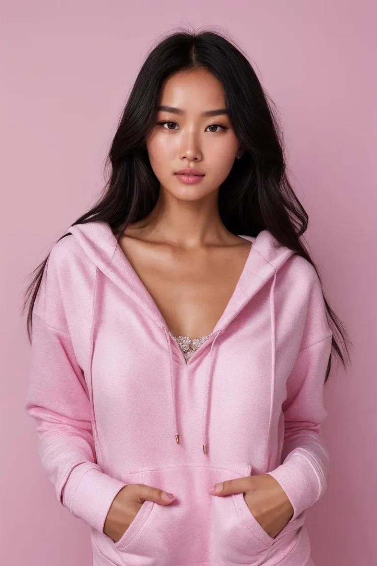 Fashion portrait of a woman dressed in a light pink hoodie. This is an AI generated image using stable diffusion.