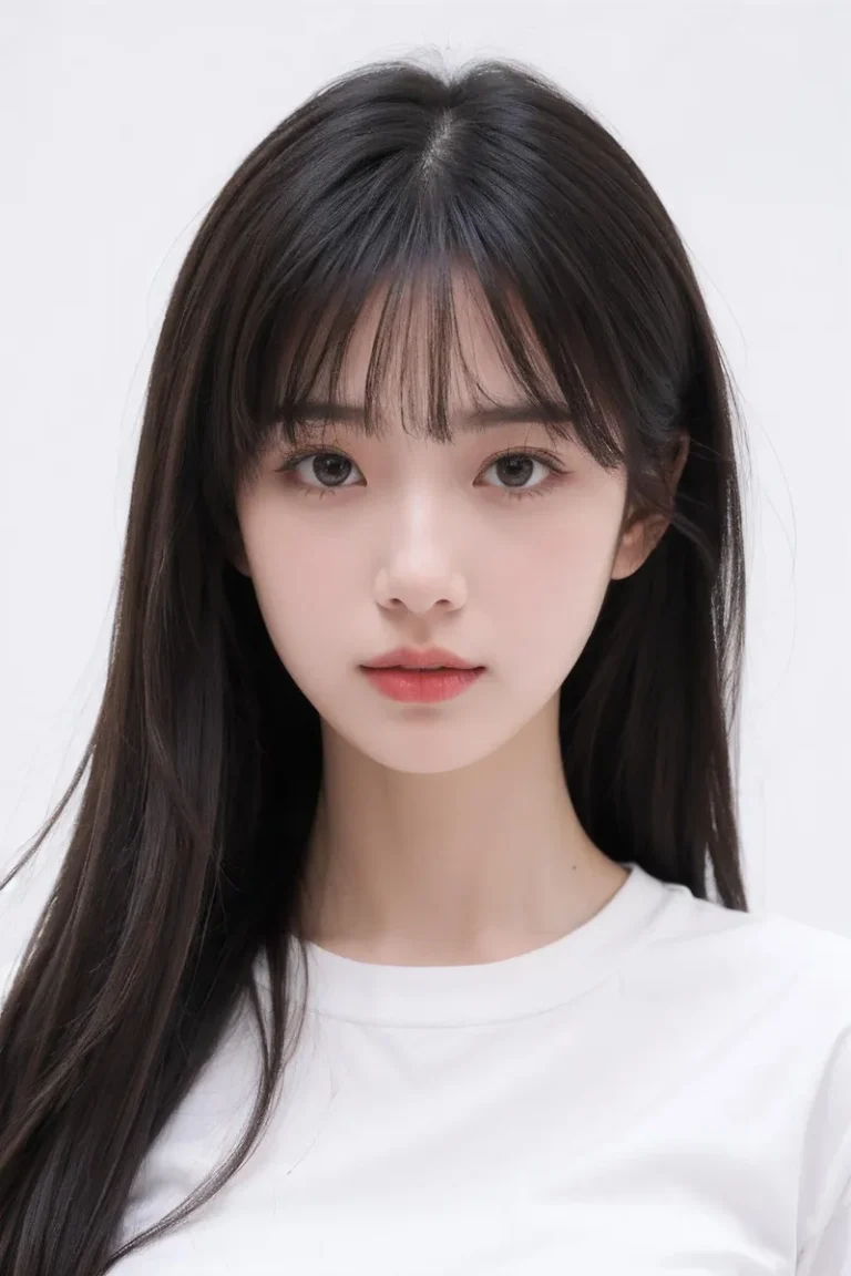 Portrait of a young woman with long black hair and soft makeup, wearing a white top. This image is AI generated using Stable Diffusion.