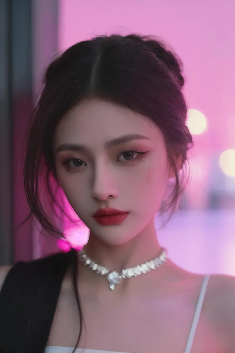 A beautiful woman with dark hair styled in an elegant updo, wearing subtle makeup with red lipstick, and a white flower choker necklace. The image is generated using Stable Diffusion AI with soft pink and purple lighting creating a gentle ambiance.