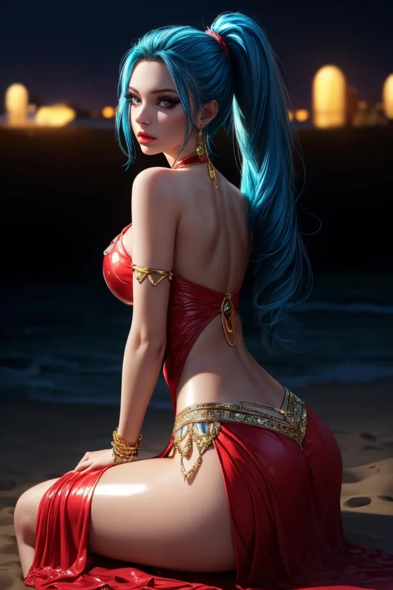 A stunning, AI-generated image created using Stable Diffusion of a beautiful woman with blue hair, wearing an elegant red dress, and adorned with golden jewelry, set against a dimly lit beach background.