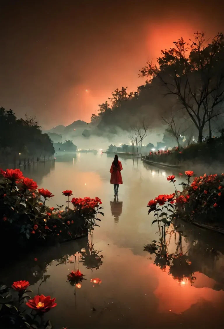 A serene scene by the lake with a woman in a red dress standing on the water, surrounded by illuminated red flowers at evening, created using Stable Diffusion.