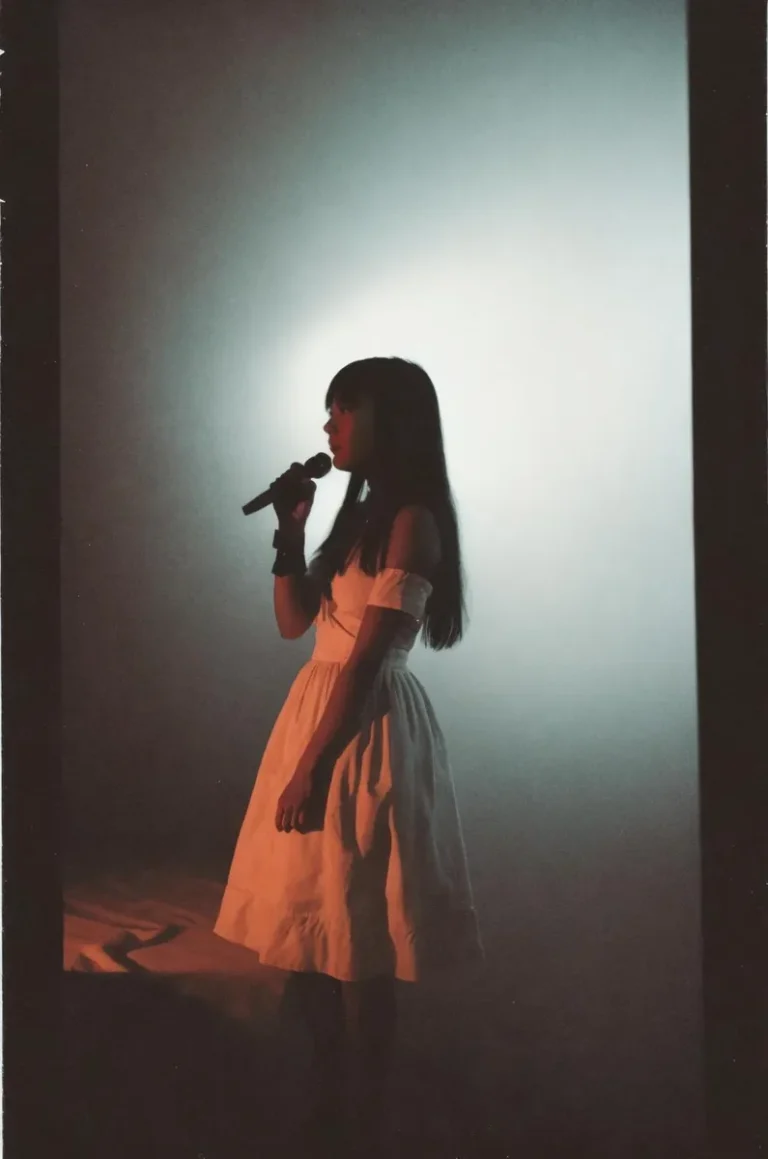 A woman in a white dress holding a microphone and singing. The image is generated using Stable Diffusion, with a subtle lighting effect creating an atmospheric background.