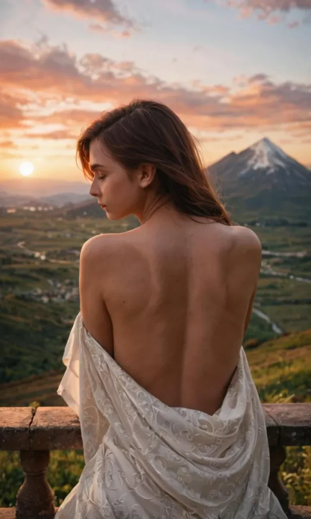 Ai generated image using stable diffusion showing a woman with her back turned, draped in a white cloth, overlooking a serene landscape with a sunset and mountains in the background.