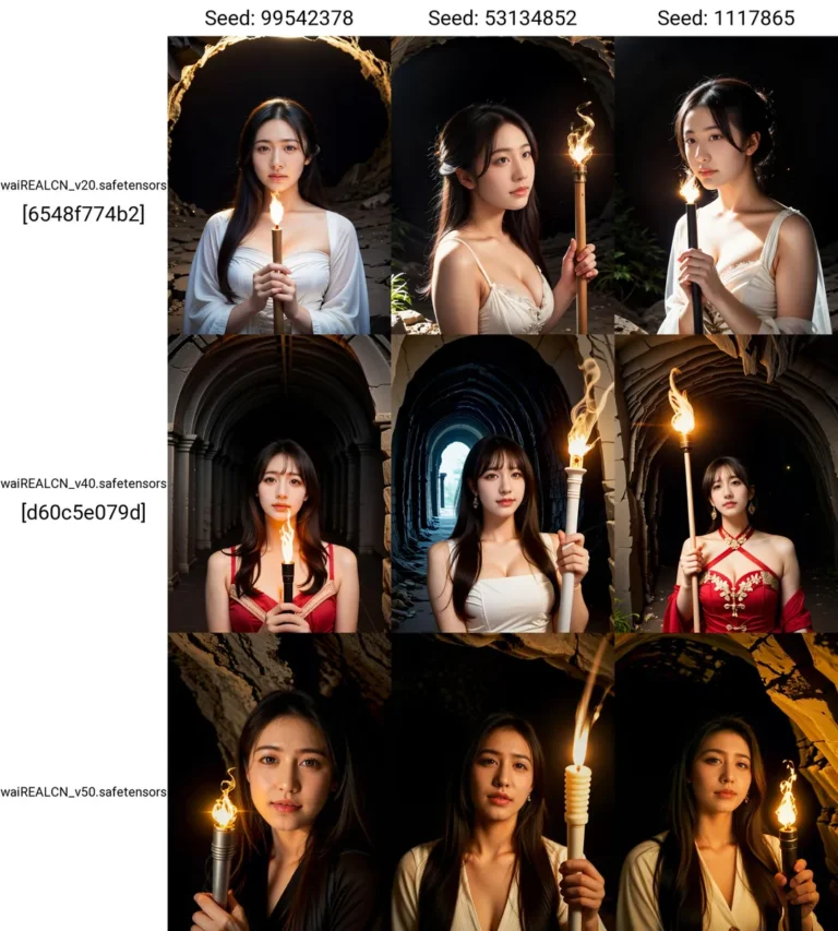 A compilation of AI generated images using stable diffusion, showcasing a woman holding a torch in various dark medieval settings.