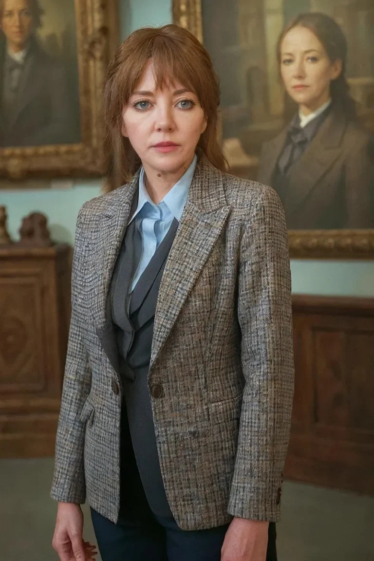 A woman with light brown hair, dressed in a tweed blazer and suit, stands in an art gallery with classical portraits in the background. AI generated image using stable diffusion.