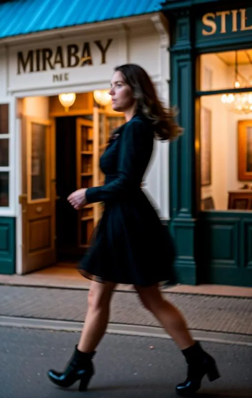 AI generated image using stable diffusion of a woman in a black dress walking through a city street, illuminated by shop lights.