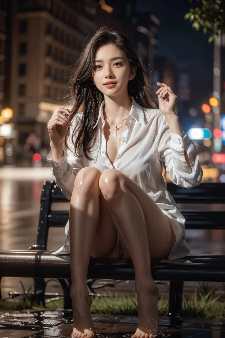 Young woman sitting on a bench wearing a wet white shirt, with night city lights in the background. This is an AI generated image using Stable Diffusion.