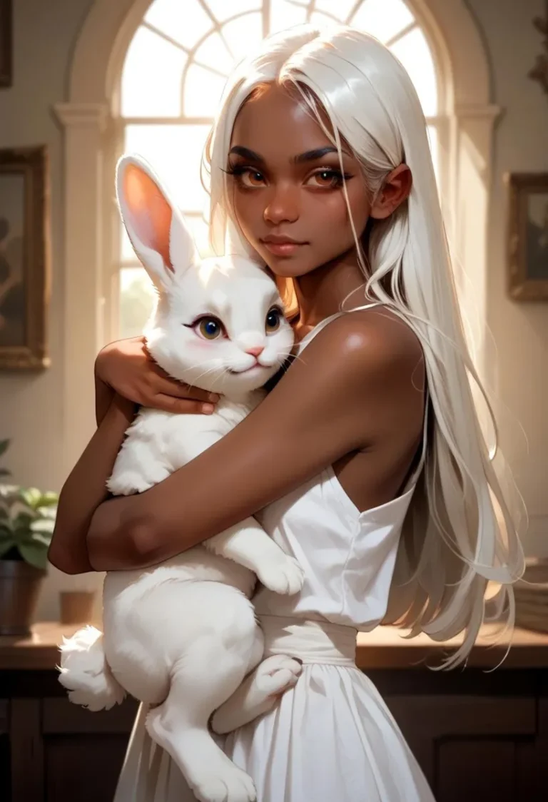 AI generated image of a woman with long white hair, holding a white bunny, created using Stable Diffusion.