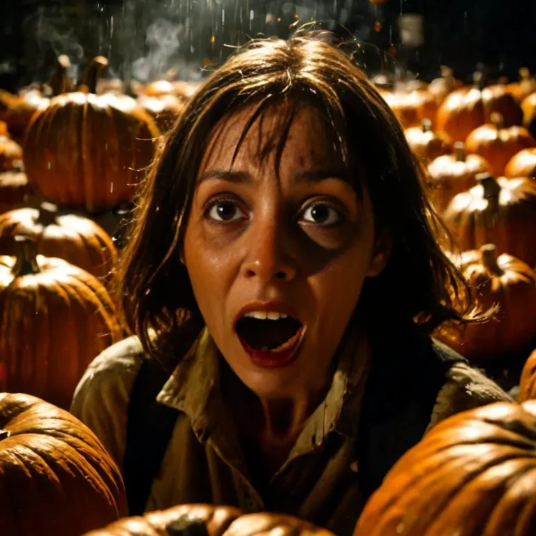 A fearful woman surrounded by pumpkins looking scared. This is an AI generated image using stable diffusion.
