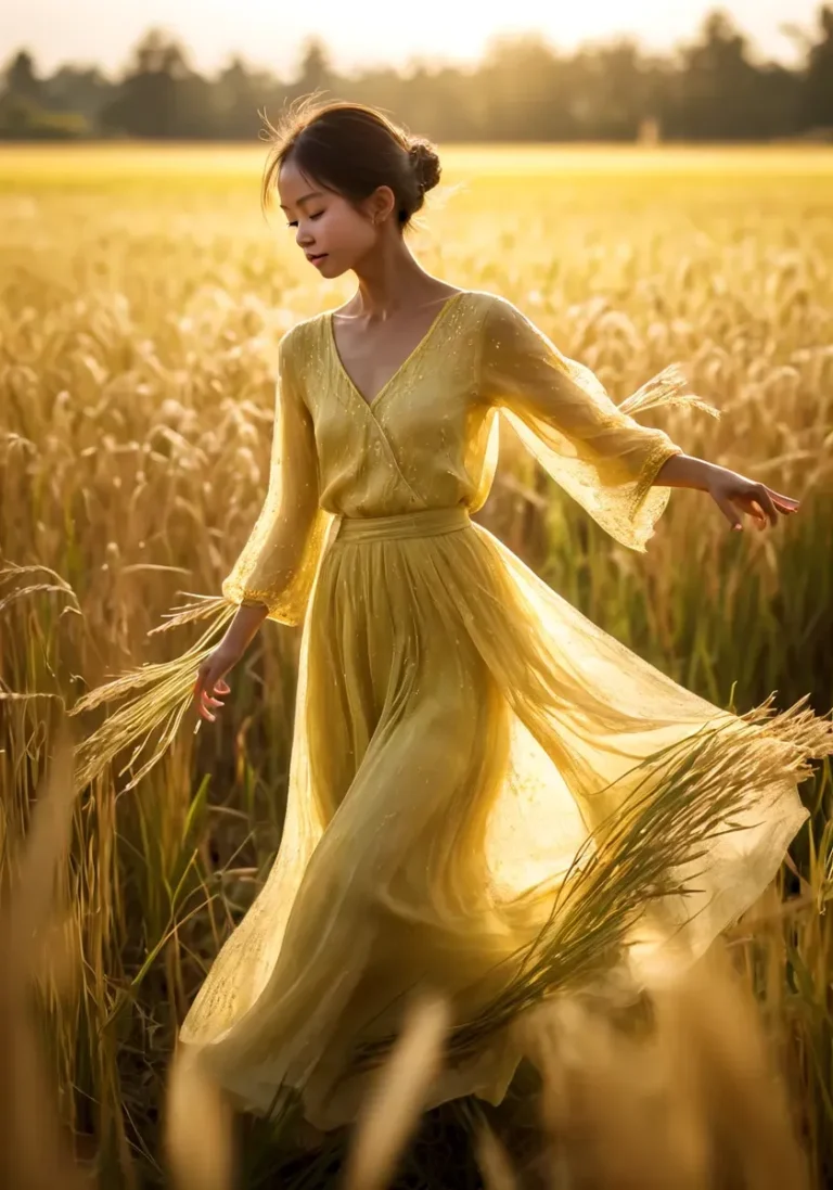 A dreamlike scene of a woman in a flowing yellow dress standing in a golden field at sunset, emphasizing this is an AI generated image using stable diffusion.